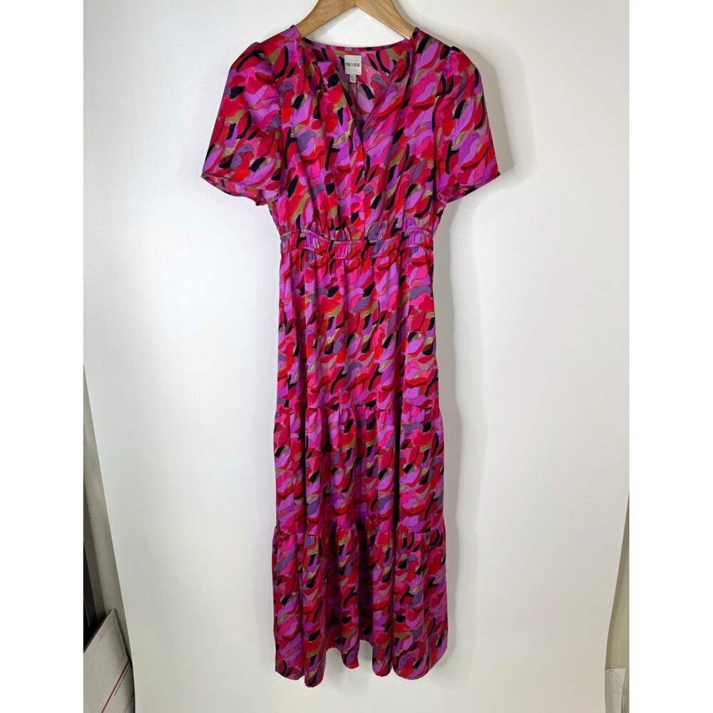 NIC+ZOE pink Abstract Print Maxi Dress V-Neck Short Puff Sleeve Pockets NWT $218